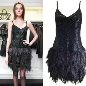Ralph Lauren Collection Black Label Feather Party Dress Bead Sequin Silk Formal